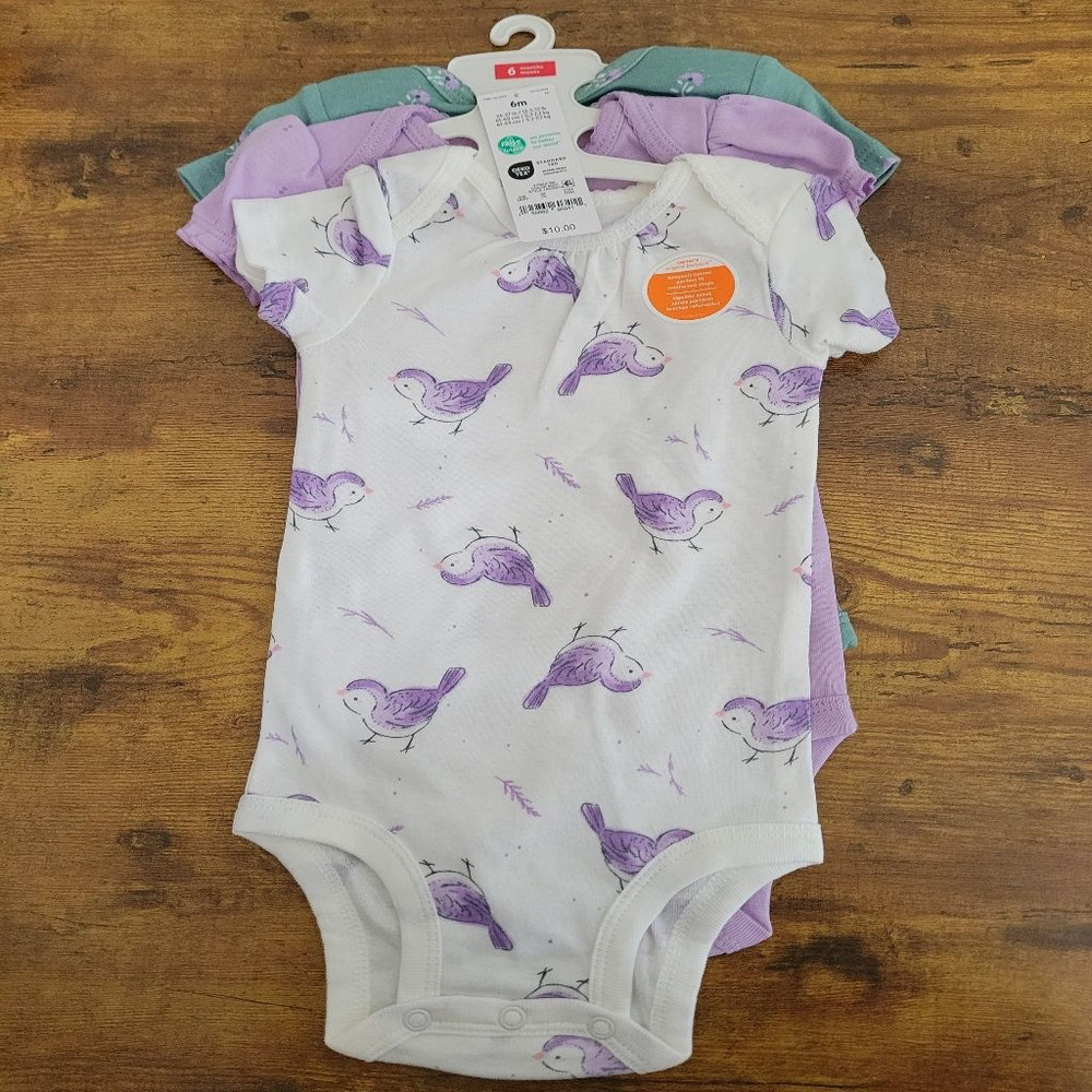 Baby Girls' Bodysuits Size 6M Bird White Purple Green 3-Piece Set Carter's NWT